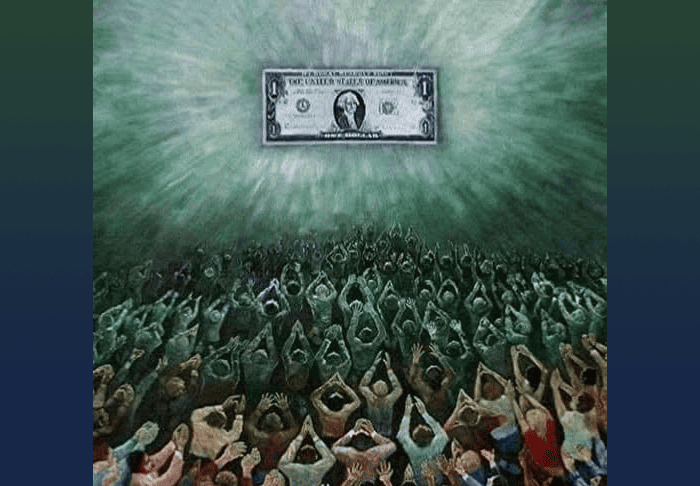 a large group of people with their arms up and a dollar bill above them